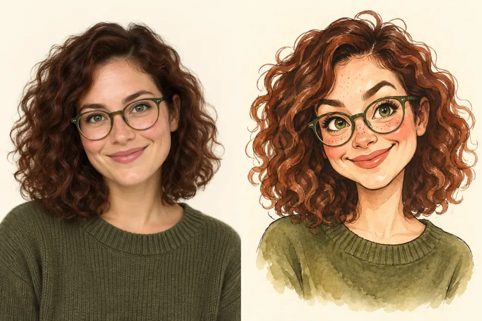 AI-created portrait of a curly-haired woman with green glasses beside her watercolor caricature