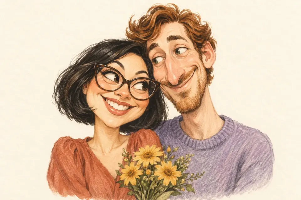 Couple portrait caricature scene illustration