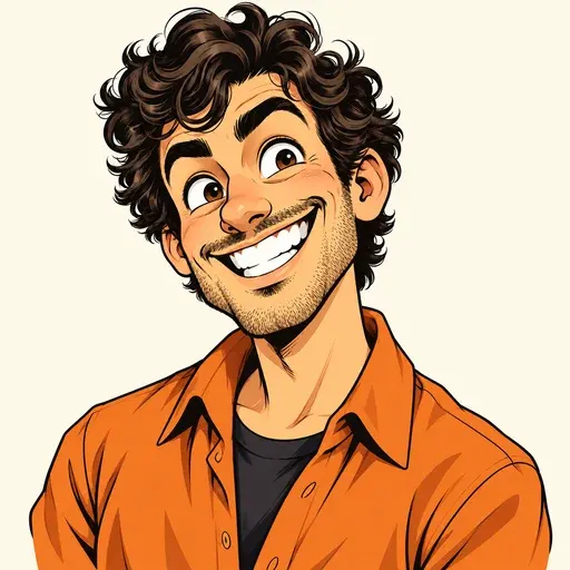 The same curly-haired character in anime caricature style