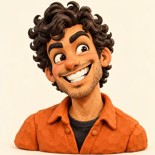 The same curly-haired character in handmade clay caricature style