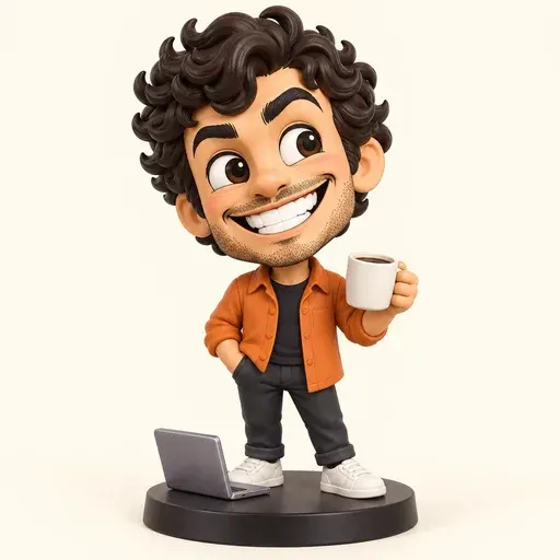 The same curly-haired character in collectible vinyl figure caricature style