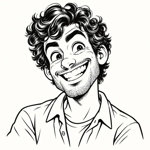 The same curly-haired character in black ink caricature style
