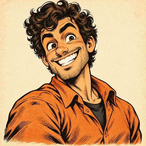 The same curly-haired character in vintage comic caricature style
